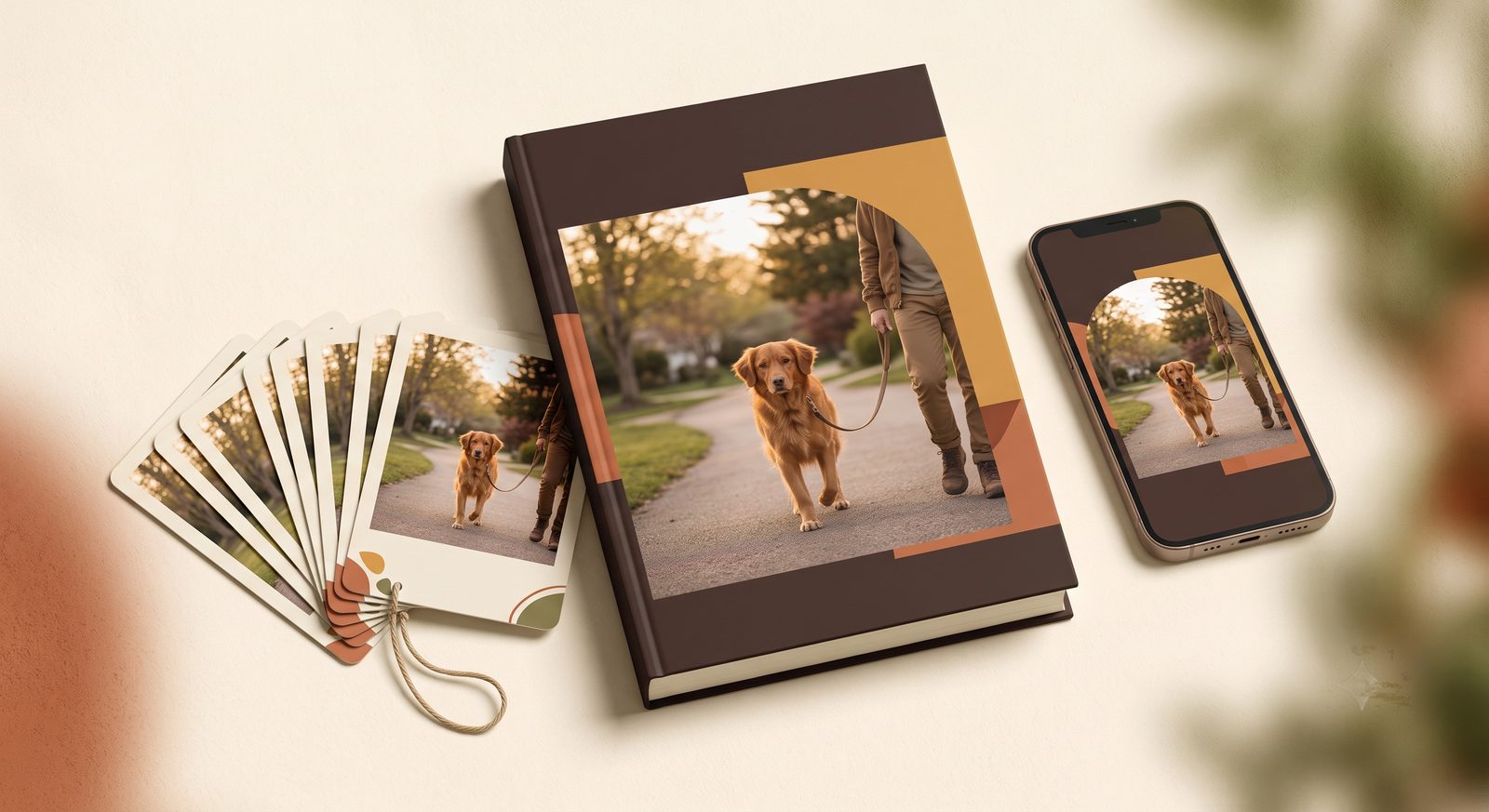 Product mockup of the SteadyWalk Protocol: a softcover workbook standing beside a fanned deck of pocket-sized field cards and a smartphone showing the cover