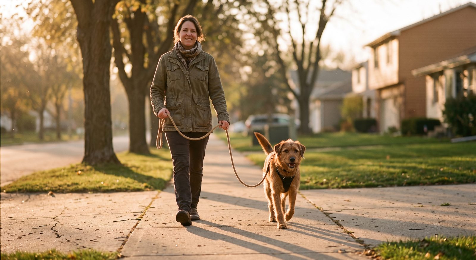 A woman walks a relaxed medium-sized brown dog on a completely slack leash along a quiet tree-lined suburban sidewalk at golden hour
