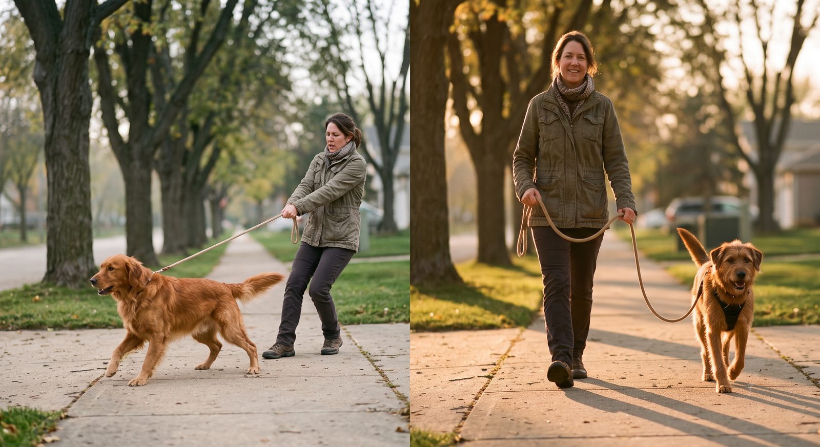 Two scenes on a suburban street: on the left a dog lunges hard at the end of a taut leash while the owner strains backward — too close to a trigger; on the right a different dog walks calmly beside its owner on a slack leash, at a distance where it can stay calm